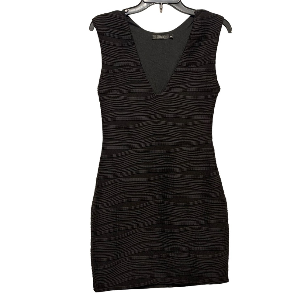 LF Millau Black Minidress Wave Textured V-Neck Plunge